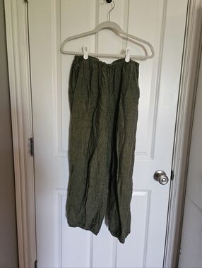 FLAX 100% Linen Elastic Waist Olive Green Pants